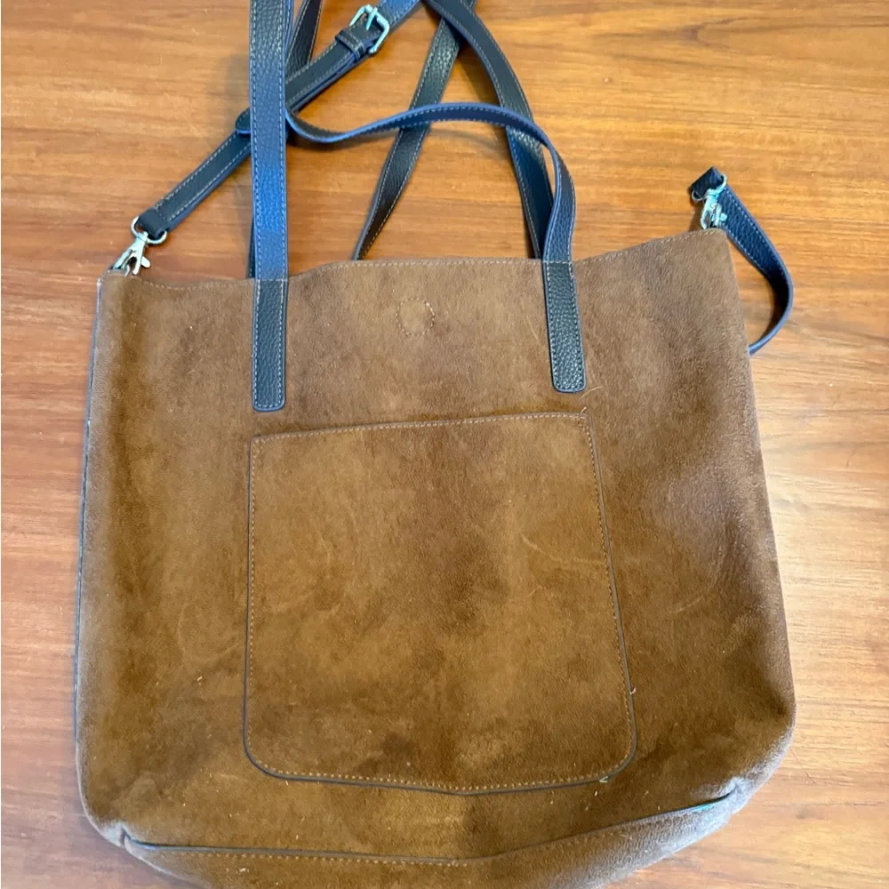 Brown Faux Suede Tote Bag with Brown Straps - Picture 1 of 6